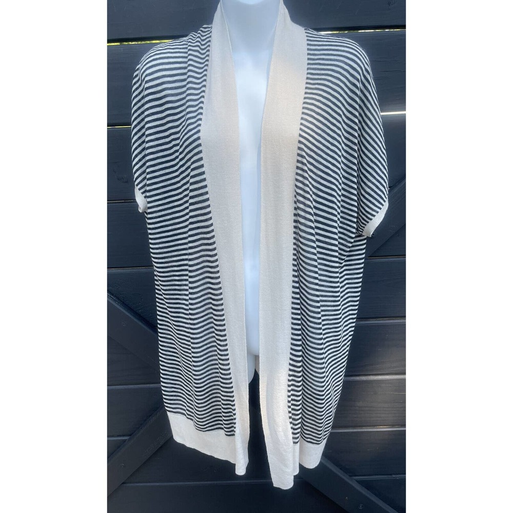 Ann Taylor LOFT Short Sleeve Drapey Black & Ivory Striped Open Sweater XS